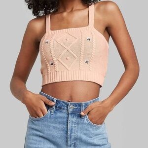 Wild Fable Light Pink Knit Crop Tank Top with White Flowers